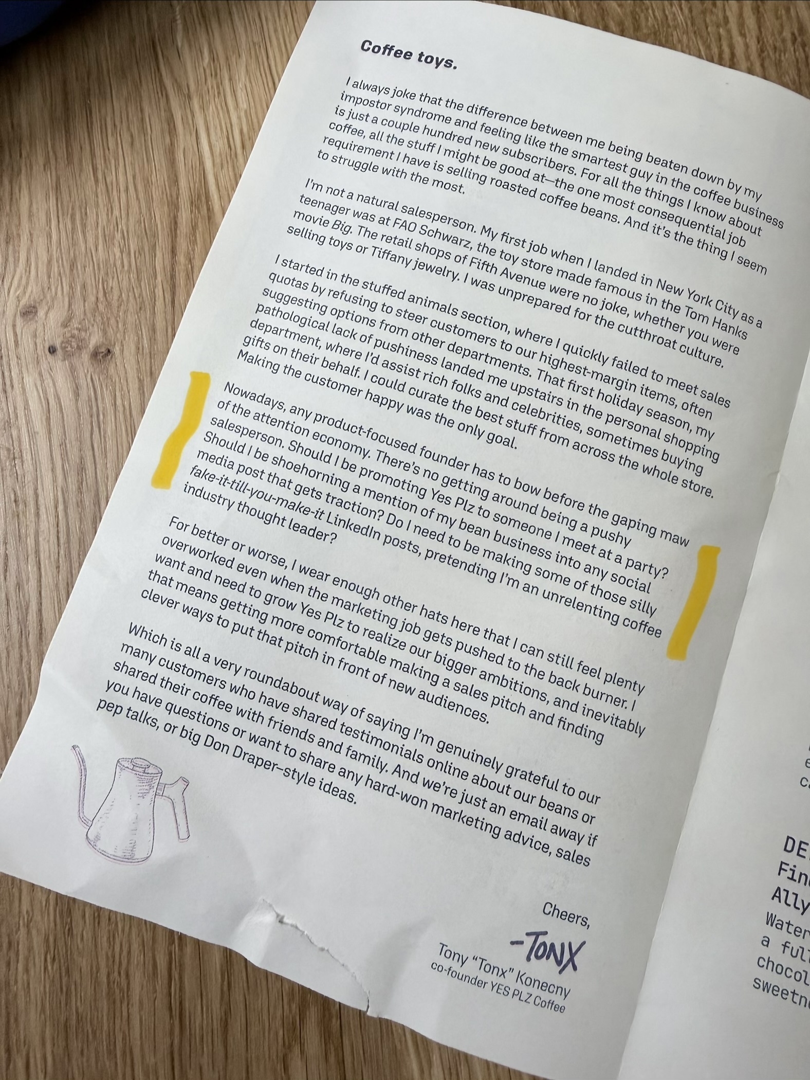 A handwritten letter from Tony Konecny details experiences and thoughts about coffee culture with underlined text and a small illustration of a coffee pot.