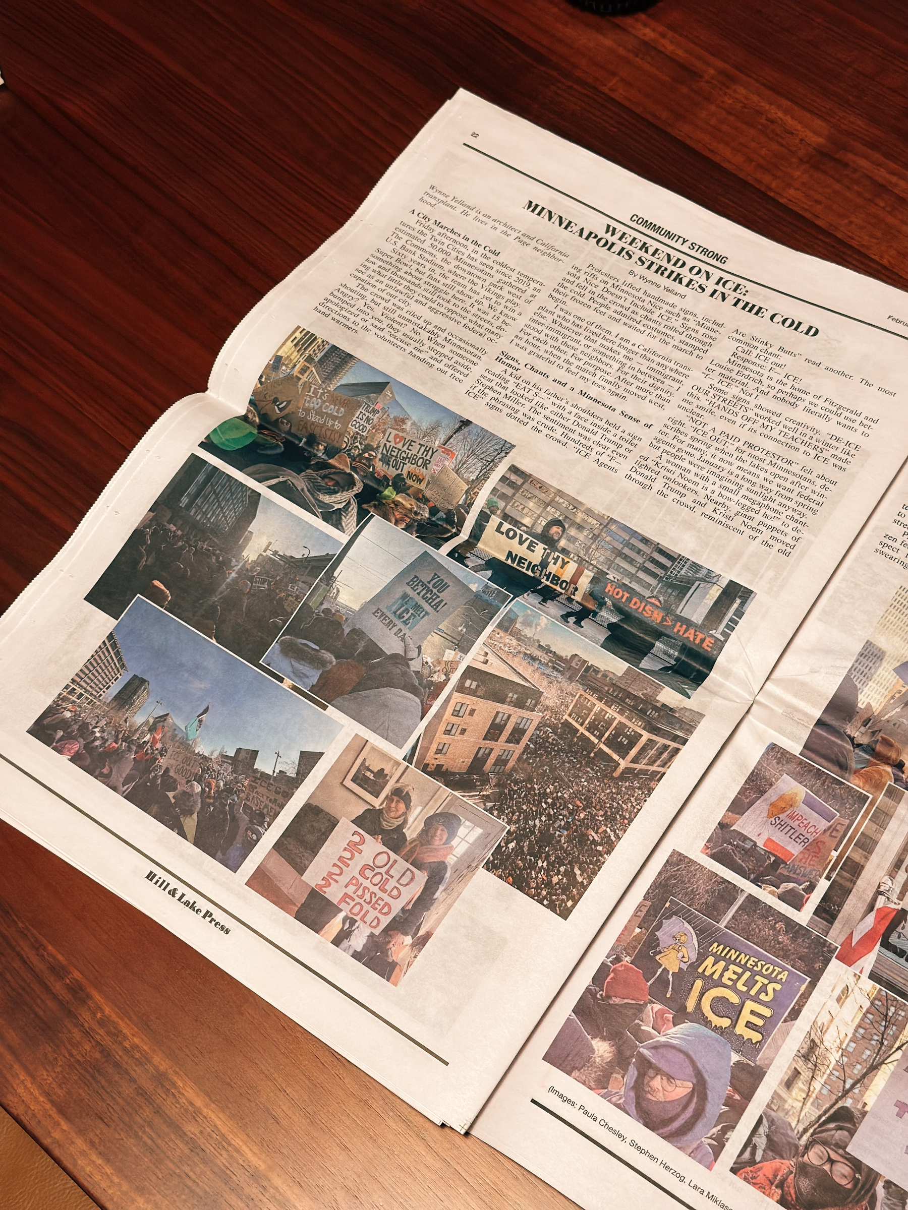 A newspaper spread showcases a collection of images from the Minnesota general strike in January, a protest event featuring crowds, signs, and marching.