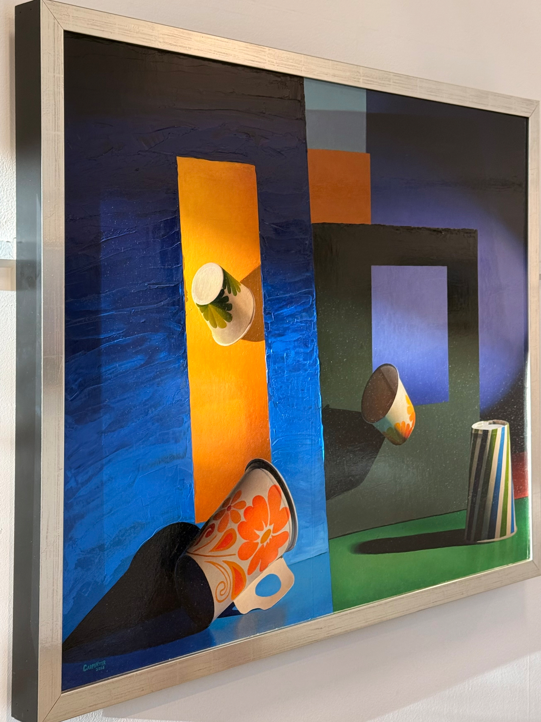 A colorful abstract painting features several cups and a tall striped container set against geometric shapes and bold areas of blue, orange, green, and black.