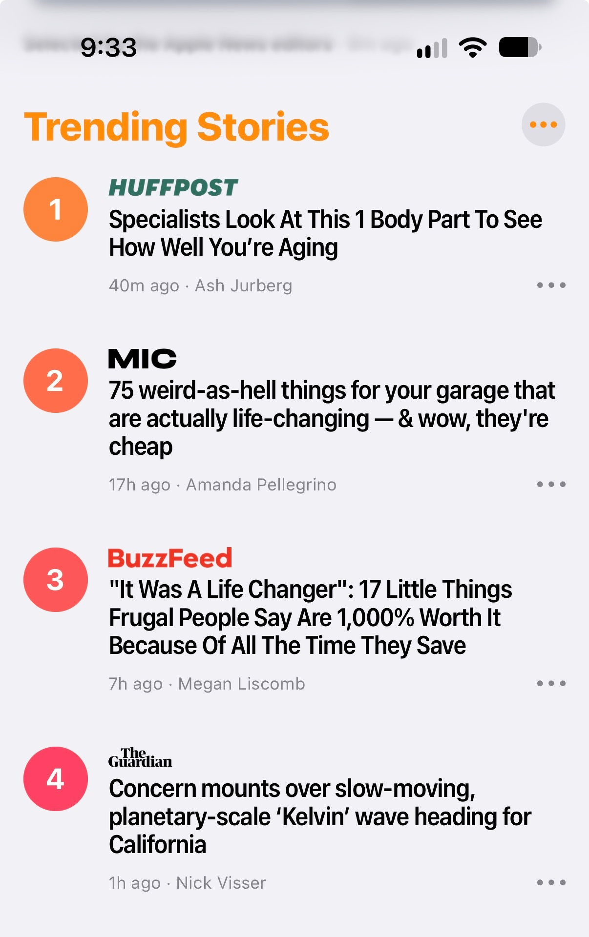 A list of trending news stories includes topics on aging, garage hacks, frugal living tips, and a planetary-scale weather event heading for California. (Trending News articles in Apple News, Sept 28)