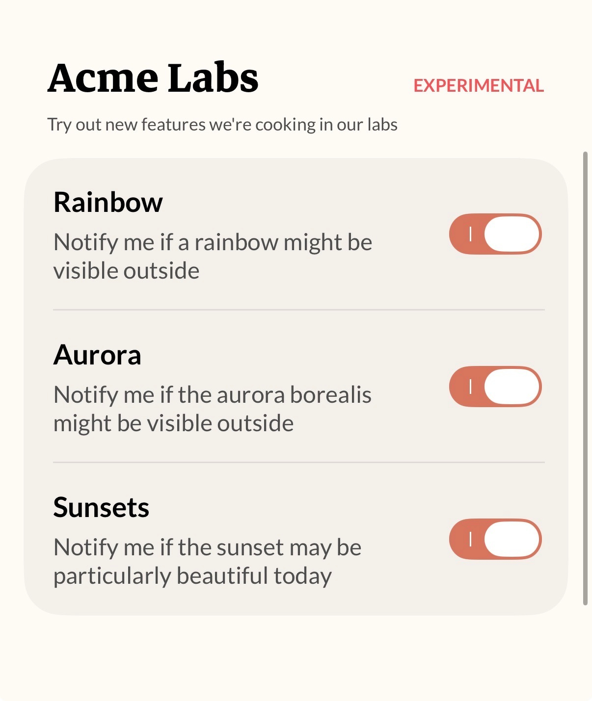 An experimental settings page labeled Acme Labs offers toggle switches to receive notifications for rainbows, auroras, and sunsets.
