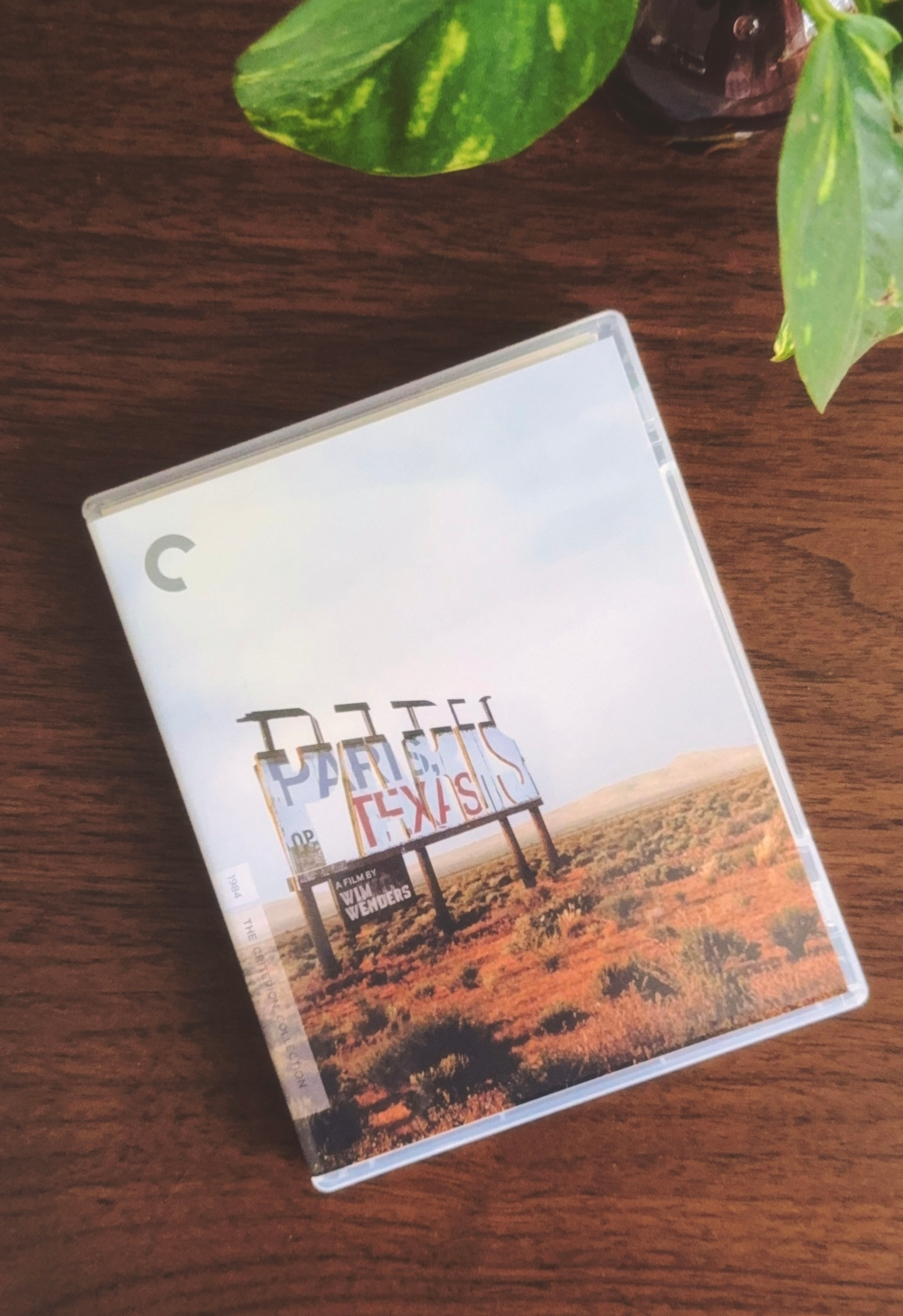 A disc case featuring artwork for the film Paris, Texas rests on a wooden table next to a green potted plant.