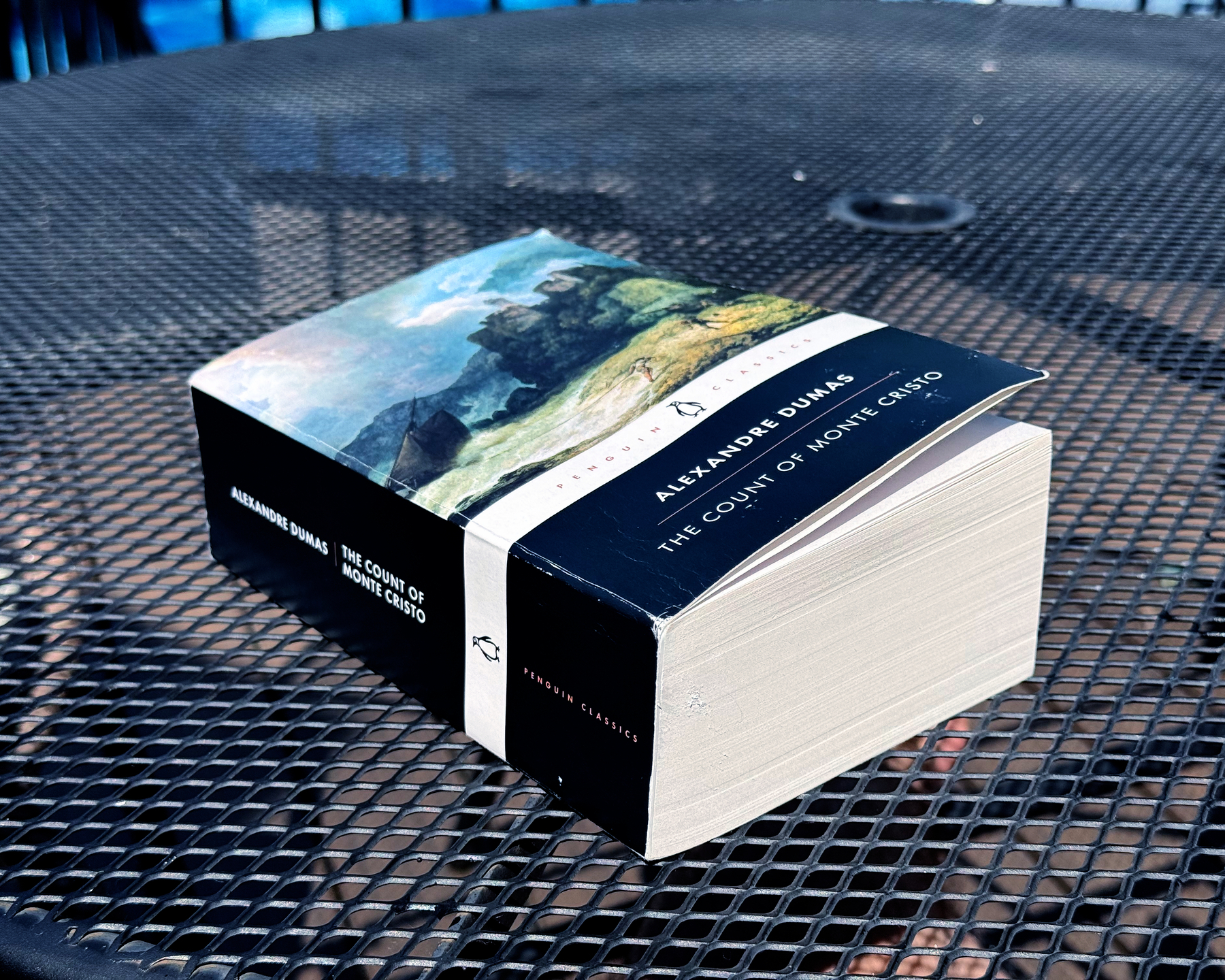 A thick paperback edition of The Count of Monte Cristo by Alexandre Dumas is resting on a black metal mesh table.