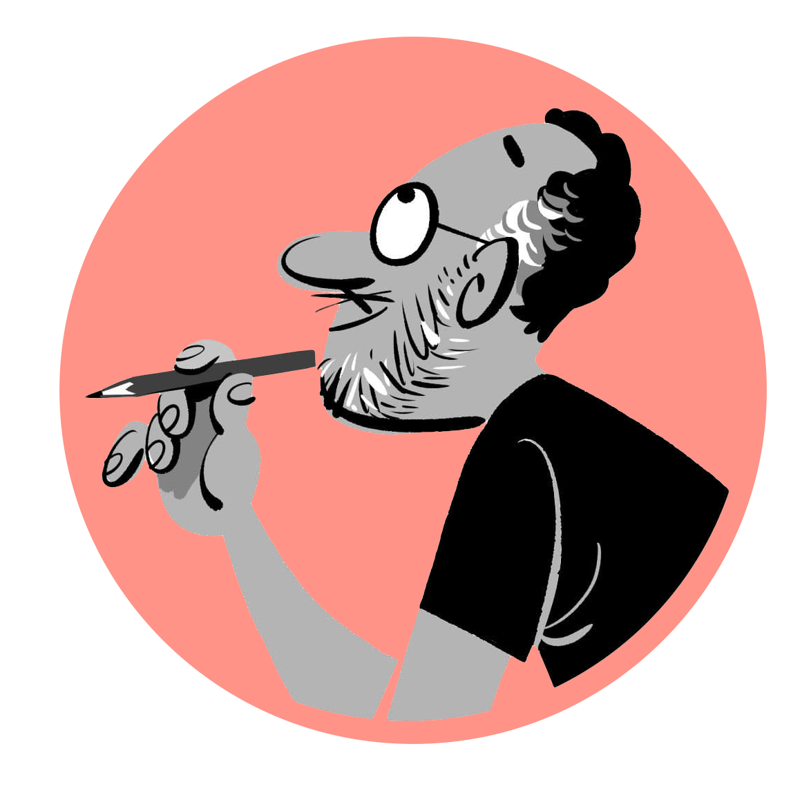 A cartoon illustration shows a person with glasses and a beard holding a pencil, looking upwards on a red circle background.