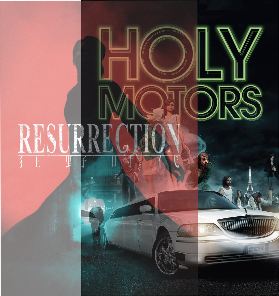 Two promotional posters featuring the text Holy Motors and Resurrection are overlapping each other, featuring images of a limousine, various characters, and a silhouette of a person against a multi-colored background.