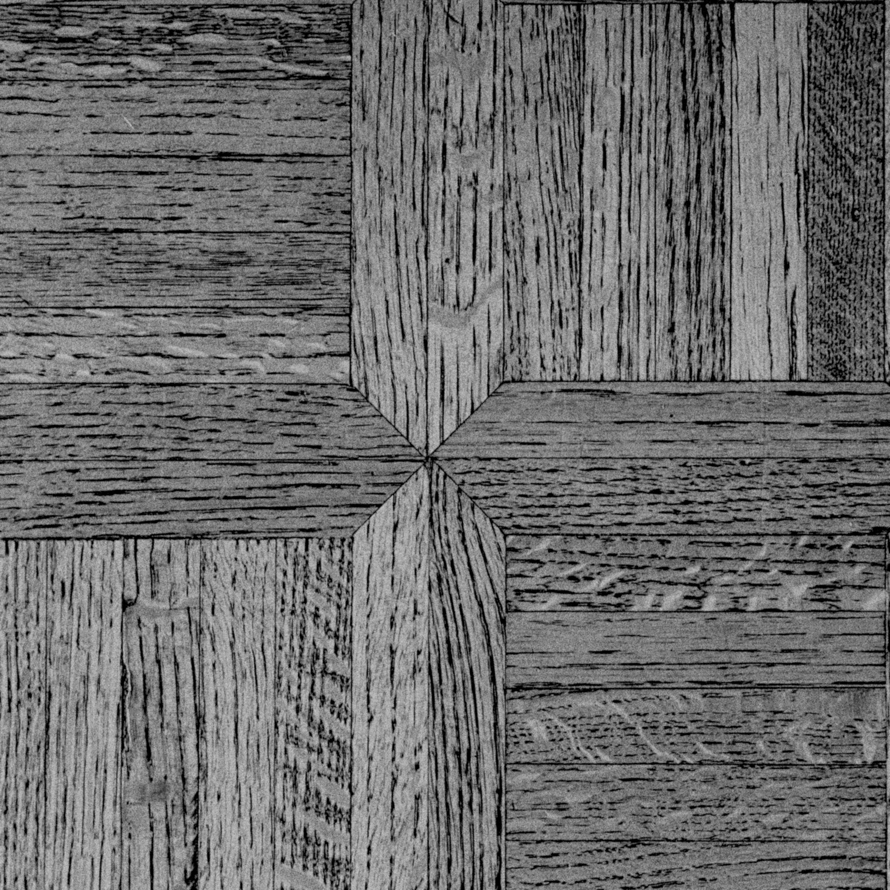 A geometric pattern of interlocking wooden parquet tiles with distinct grain textures. Simulated filter via the AgBr app.