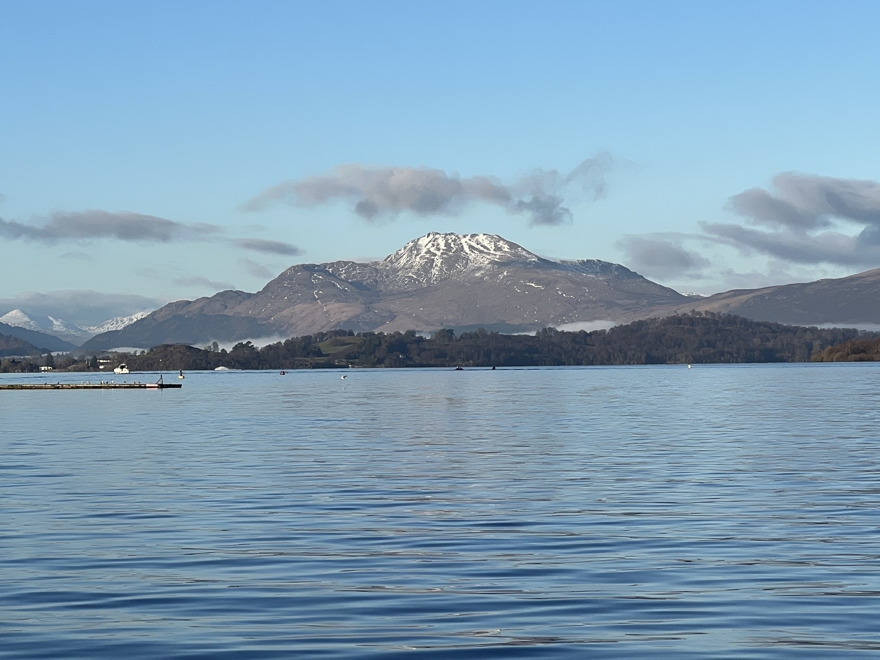 Loch with snow capped mountain in the background 