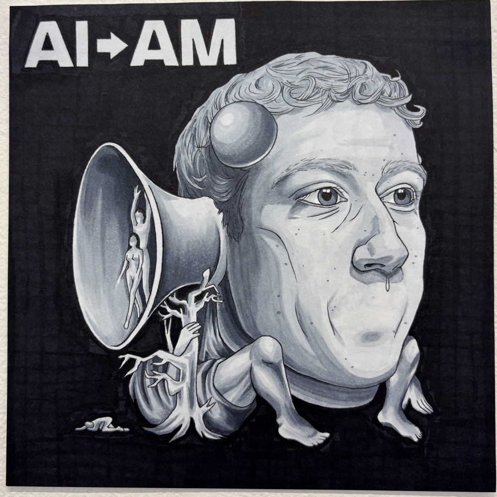 An abstract and surreal illustration features a humanoid figure with exaggerated facial features, sitting with tree-like limbs and a horn projecting another person.