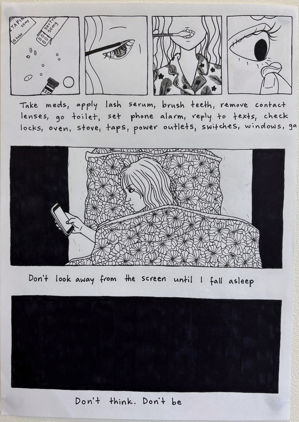 A person lies in bed under a patterned blanket, absorbed in their phone, surrounded by panels depicting routine tasks and accompanied by text detailing a nightly routine and inner dialogue.
