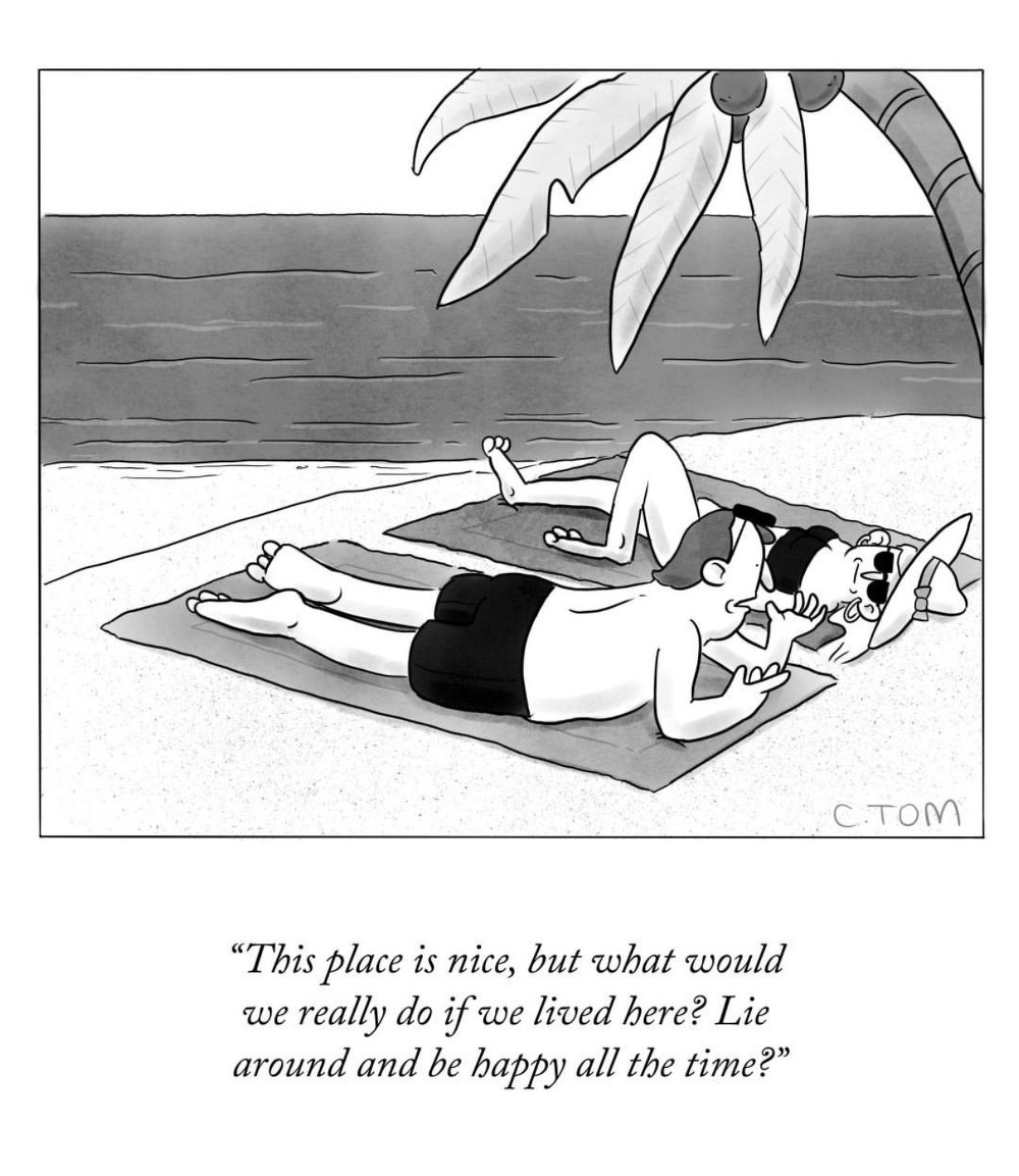 Two people are lounging on beach towels under a palm tree, with one asking the other if living there would just mean lying around happily all the time.