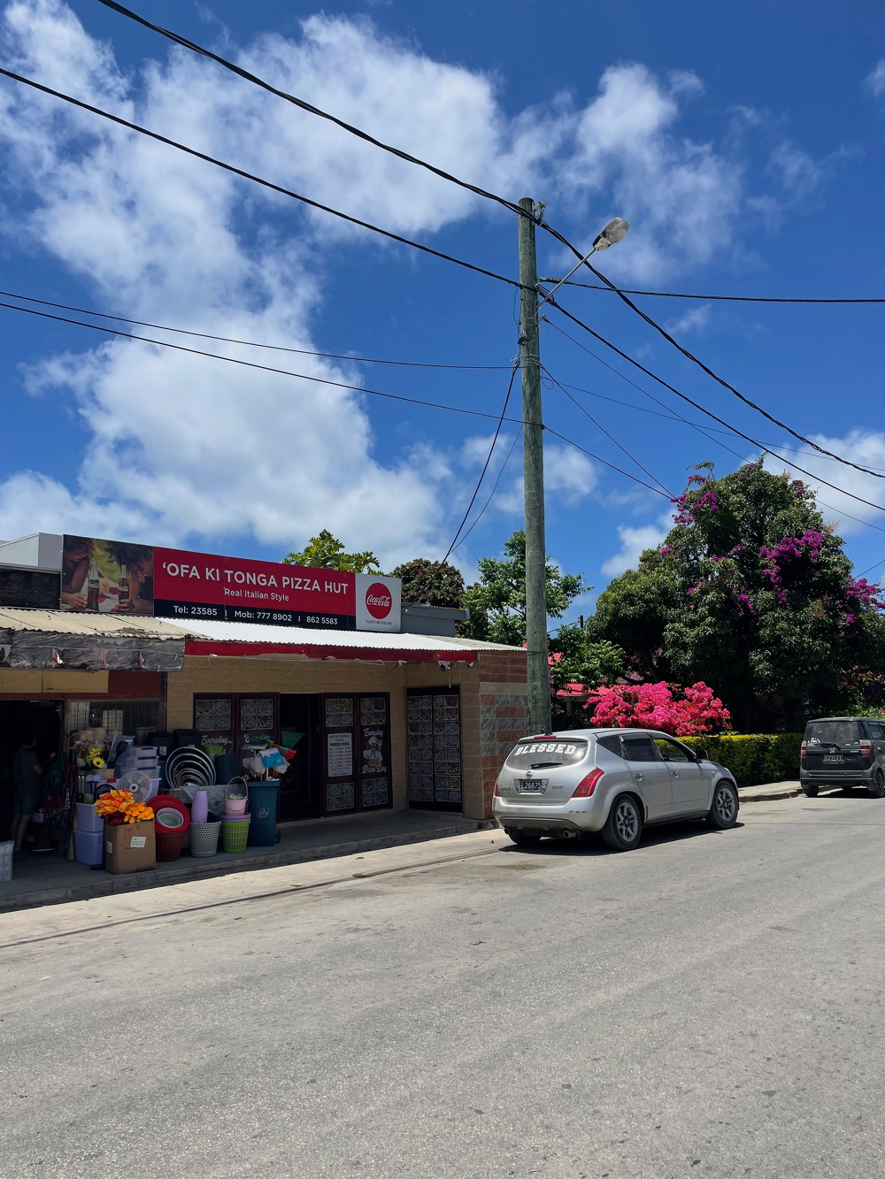 A street scene features a small store with a red sign, vibrant pink flowering trees, parked cars, and a bright blue sky with scattered clouds.