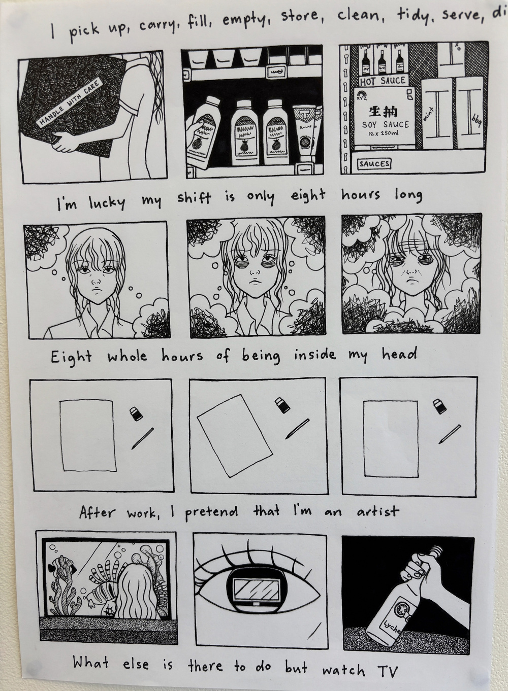 A comic strip depicts a person's work routine, their thoughts during an eight-hour shift at a supermarket, and their after-work activities like pretending to be an artist and watching TV.