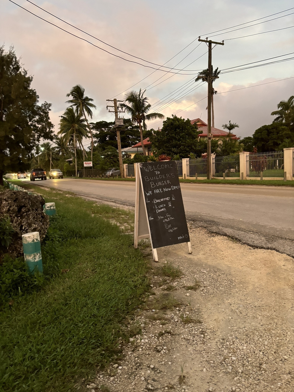 A chalkboard sign displaying Welcome to Bujibhai for the best fish fry and coconut stands on a roadside near a grassy area with trees and power lines.