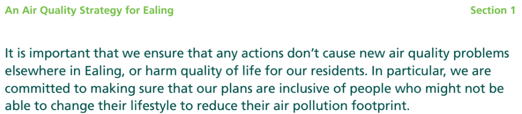 Screenshot from Ealing’s draft Air Quality Strategy on inequalities and inclusivity of people who are unable to reduce their pollution footprint