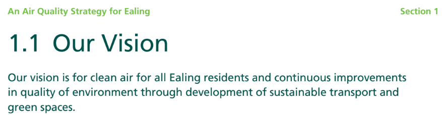 Screenshot from Ealing’s draft Air Quality Strategy stating the strategy’s vision: clean air for all Ealing residents