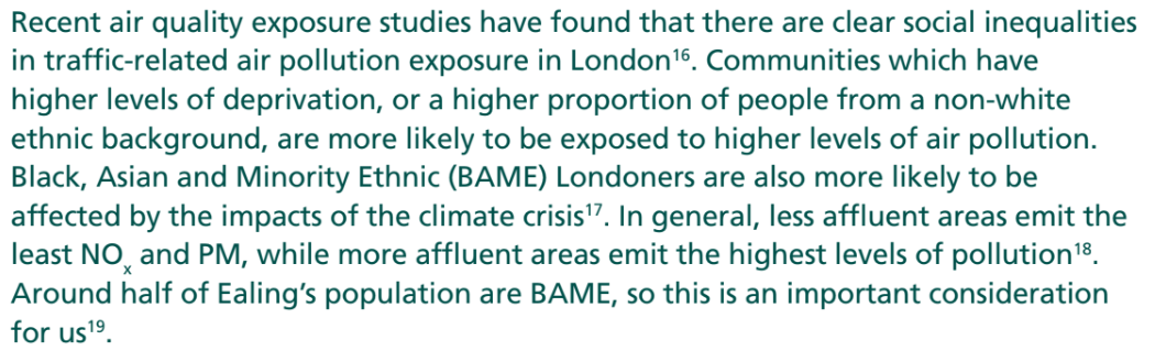 Screenshot from Ealing’s draft Air Quality Strategy stating the inequity of exposure to air pollution for non-white poor people