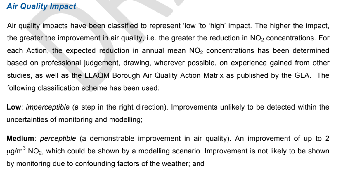 Screenshot from Ealing’s draft Air Quality Action Plan showing impact scores from Low to High and how these relate to changes in levels of air pollution
