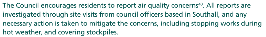 Screenshot from Ealing’s draft Air Quality Strategy encouraging reporting of air quality concerns and action to be taken in response