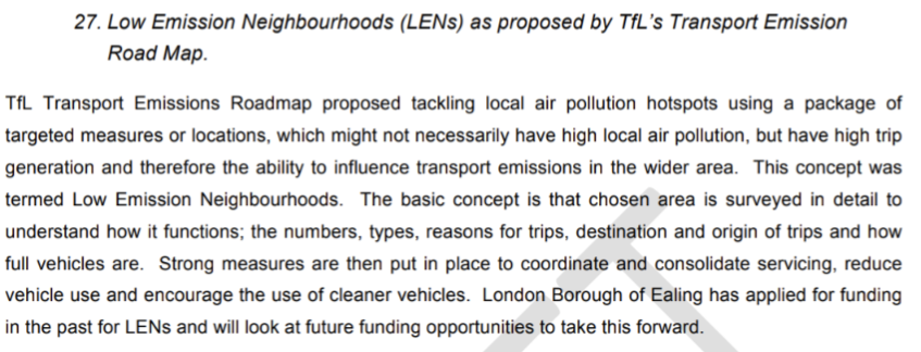 Screenshot from Ealing’s 2017-22 Air Quality Action Plan stating Low Emission Neighbourhoods implemented in areas of low air pollution