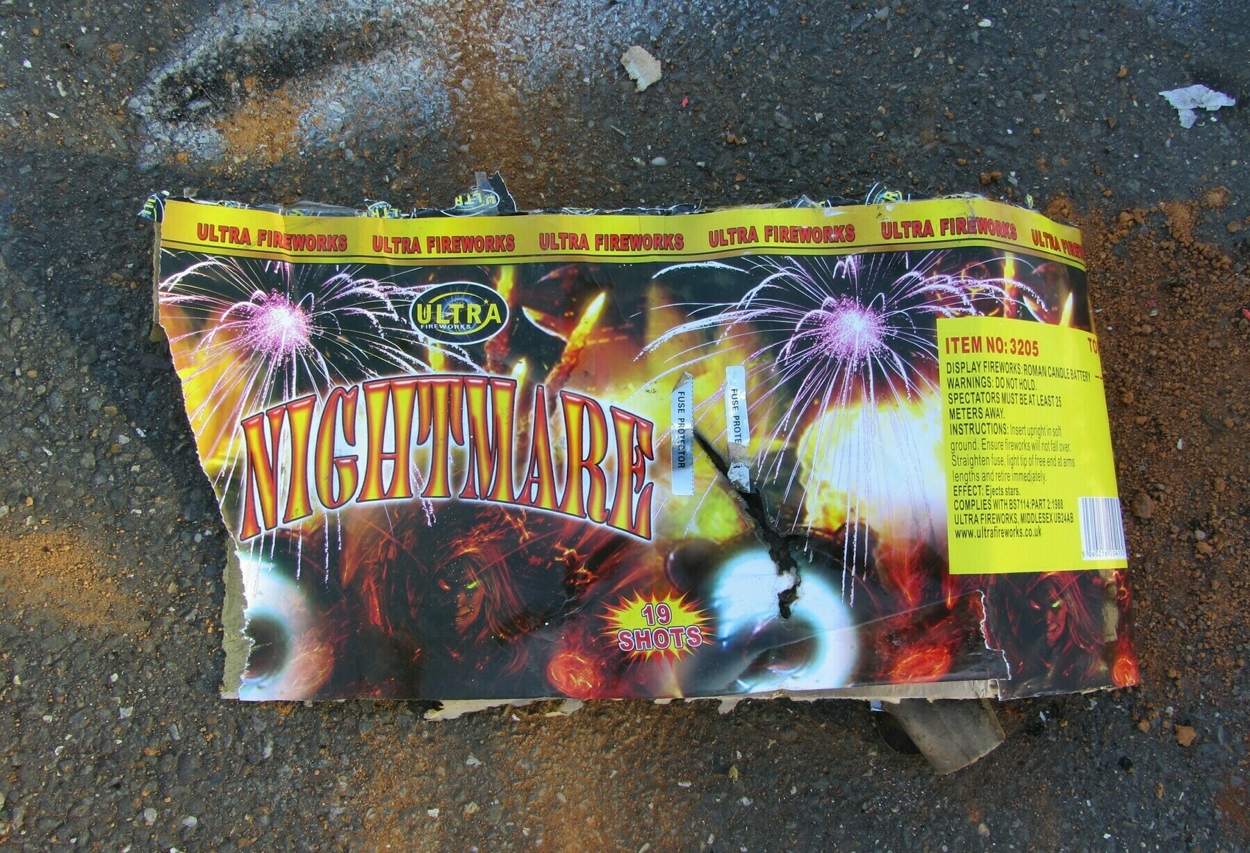 Colourful empty "Nightmare" fireworks case.