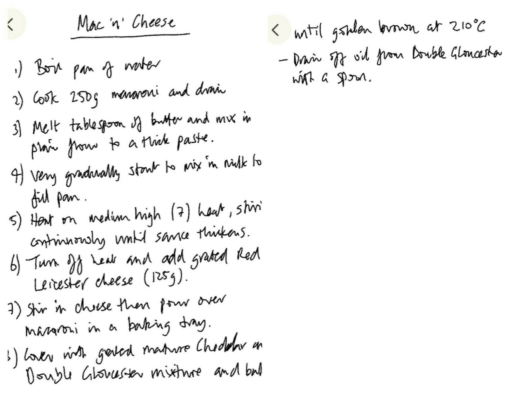 A handwritten recipe for mac 'n' cheese includes steps for cooking macaroni, making a cheese sauce, and baking it.