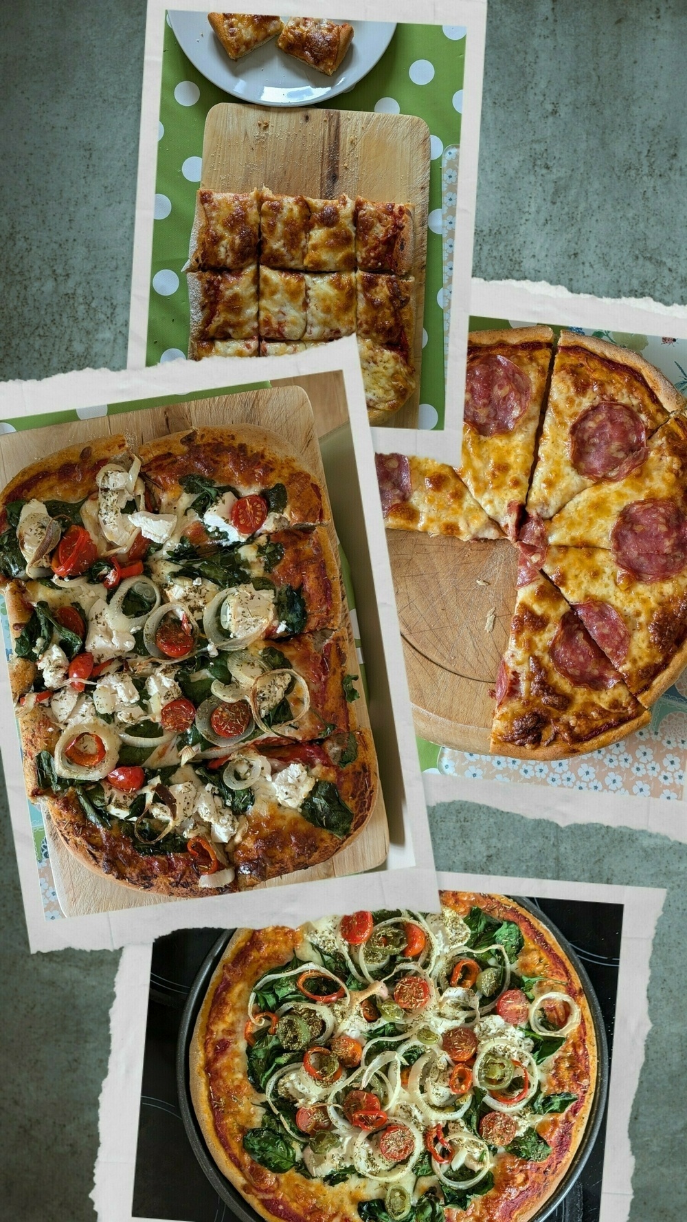 A collage of four different pizzas, including a rectangular one with sliced pieces, featuring various toppings like spinach, tomatoes, and pepperoni.