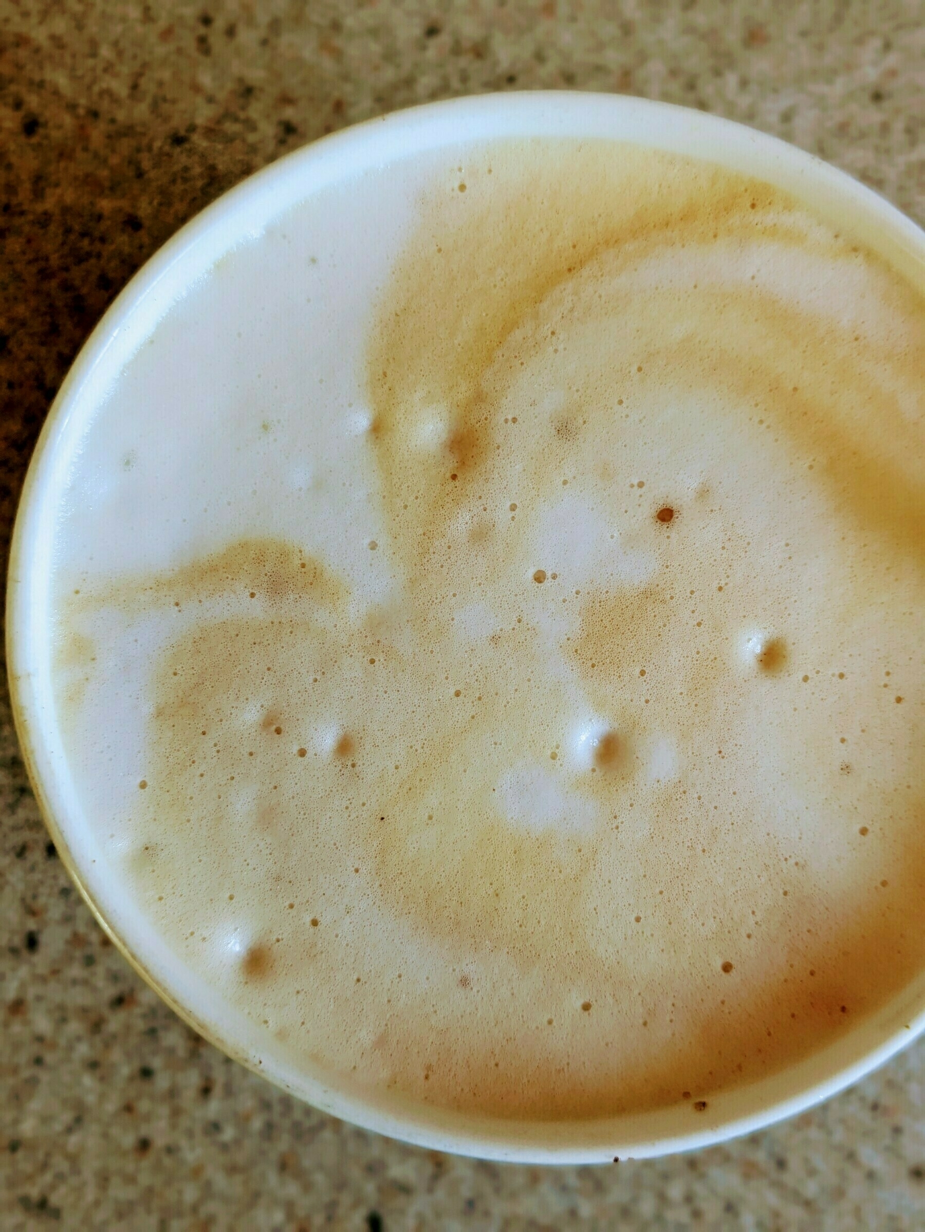 Photo of the top of my coffee cup with the coffee and frothy milk swirl in the shape of a someone face-palming