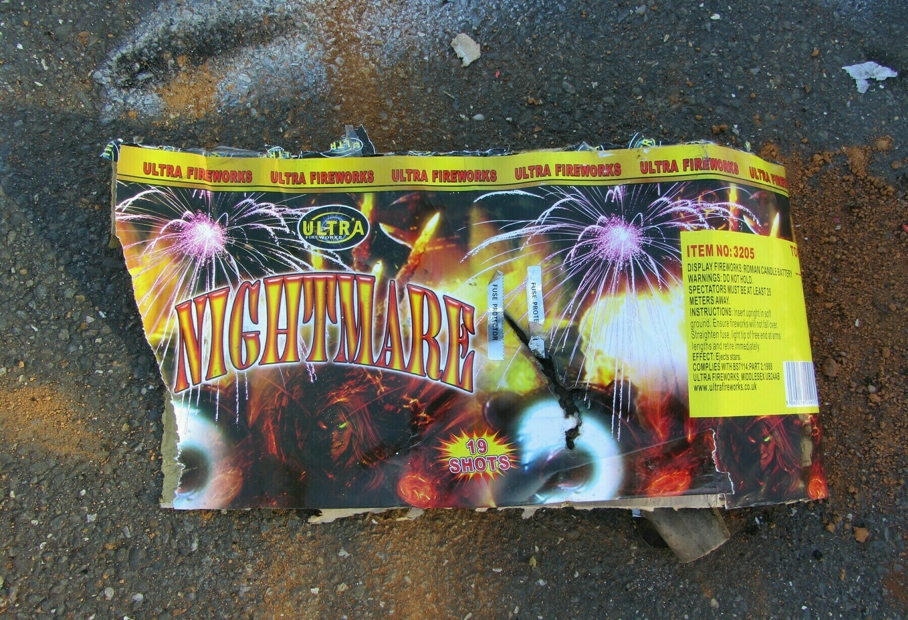 Photo of a box of used fireworks called "Nightmare"