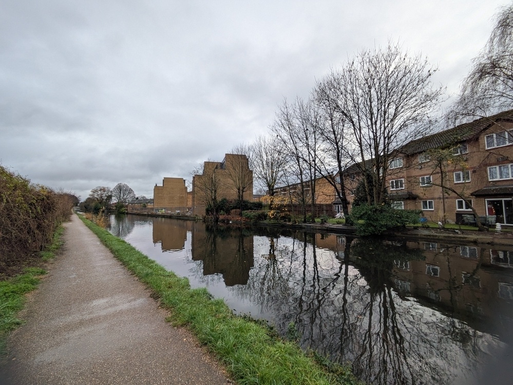 A canal lined with leafless trees and buildings is reflected in the water, alongside a grassy path under a cloudy sky.