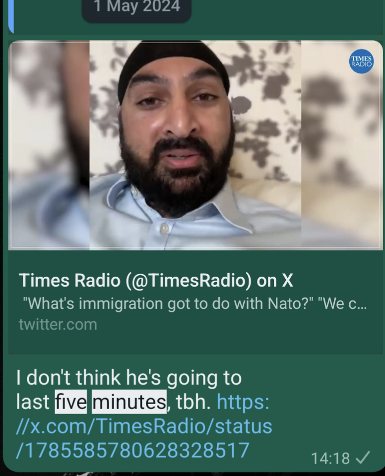 Screenshot of my WhatsApp comment "I don't think he'll last five minutes, tbh" on Monty Panesar's political interview with Times Radio where he suggested leaving NATO would help control immigration 