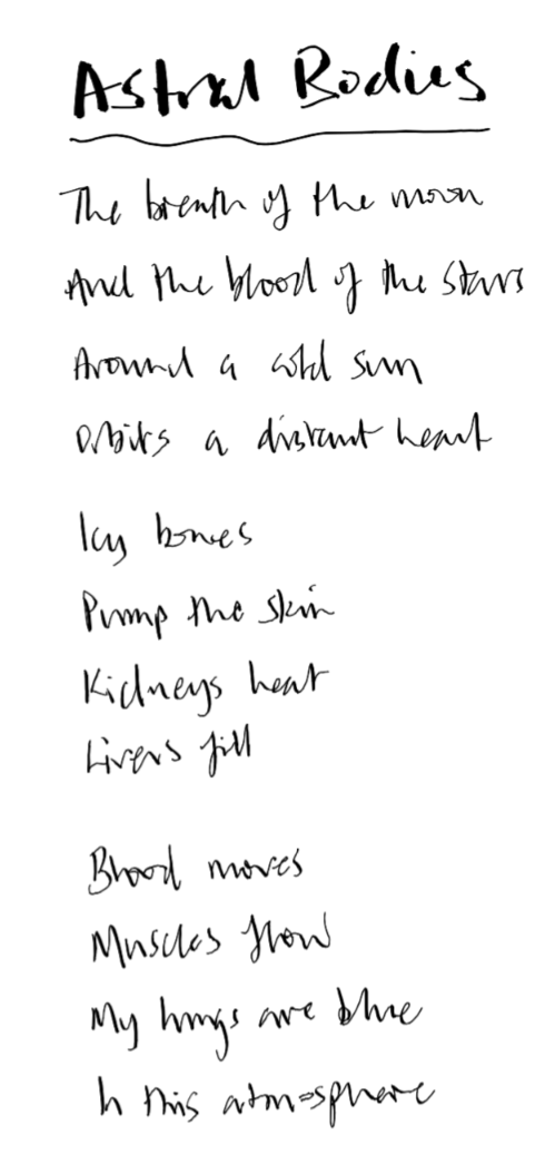 Handwritten text of a poem titled "Astral Bodies" explores cosmic and anatomical themes.