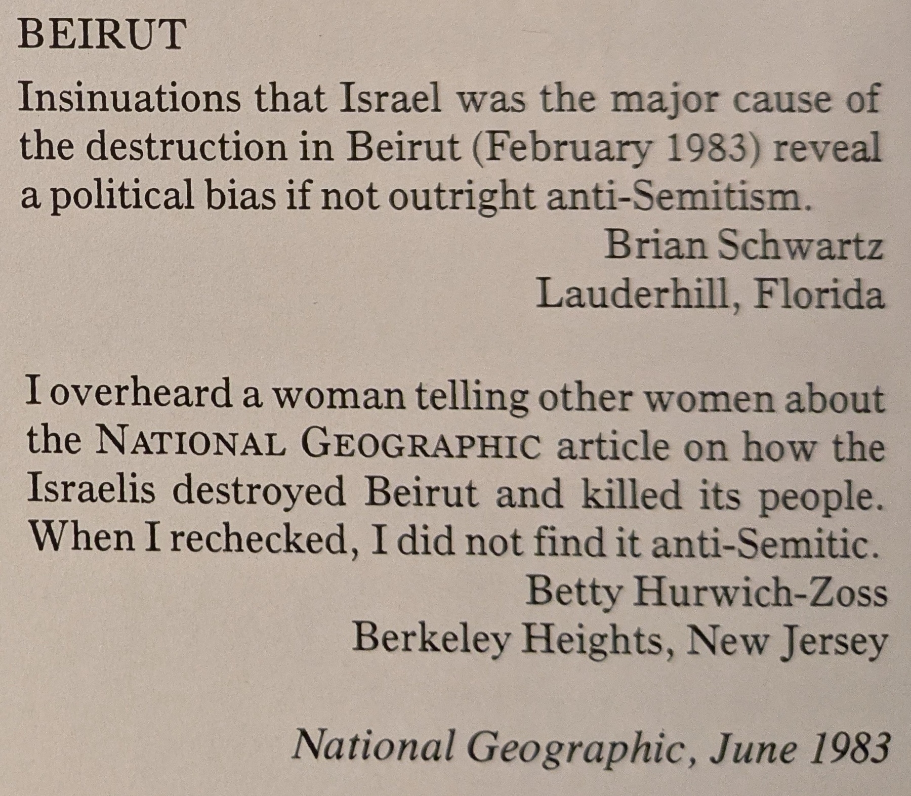 A comment and a response discuss perceptions of bias in a National Geographic article on the Beirut destruction in February 1983, with differing views on anti-Semitism.