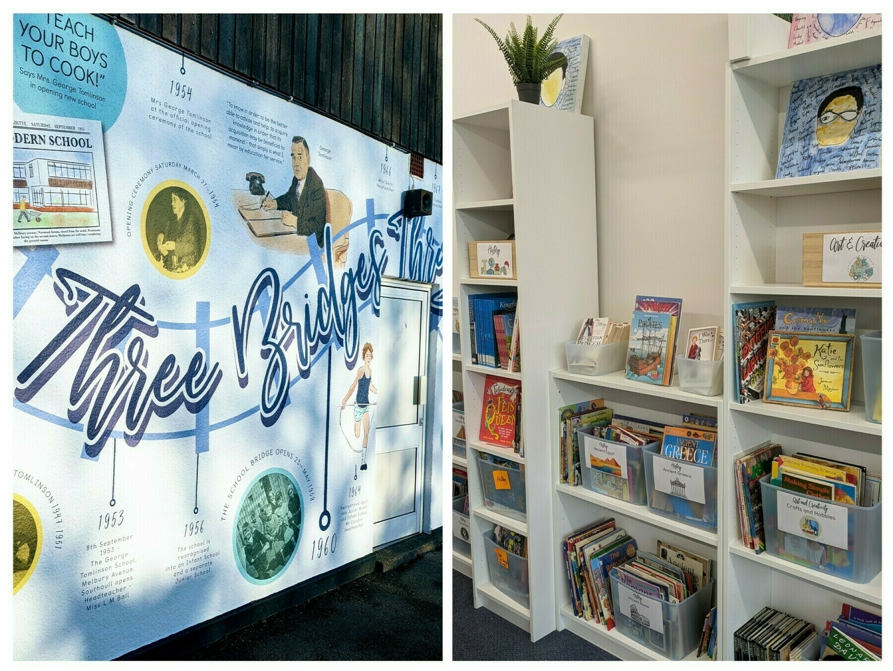 A wall display featuring a historical timeline sits alongside bookshelves filled with children's books and games.