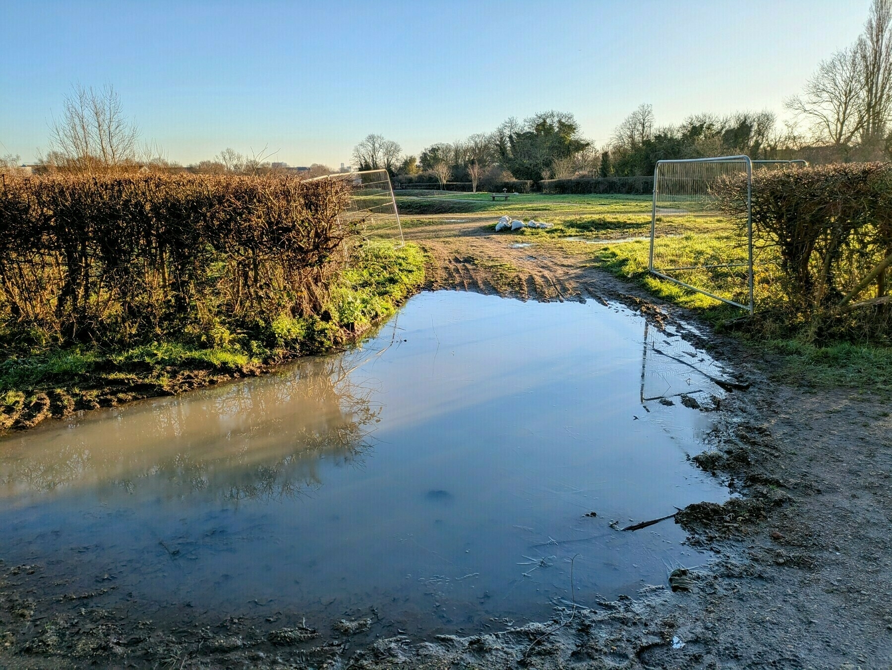 A large puddle stretches across a muddy path near a field with two metal goals and surrounded by hedges.