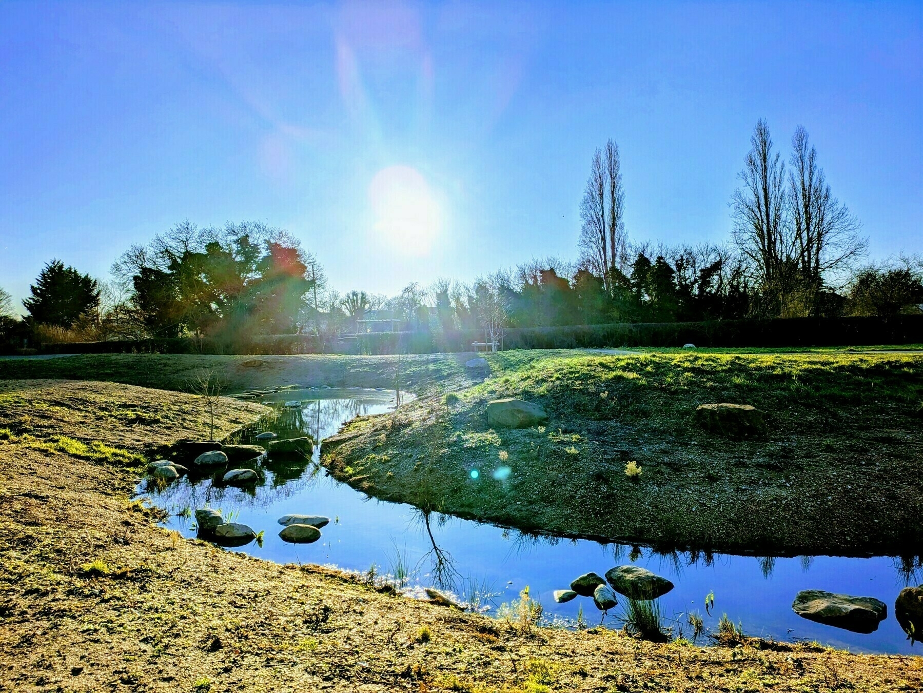 A serene landscape features a small stream reflecting the bright sun, surrounded by trees and grassy areas.