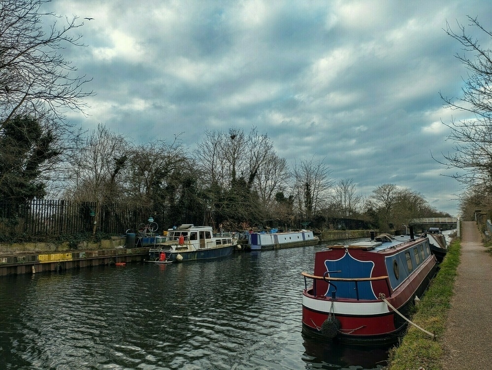 A canal with moored narrowboats is set against a cloudy sky and lined by a path and bare trees.