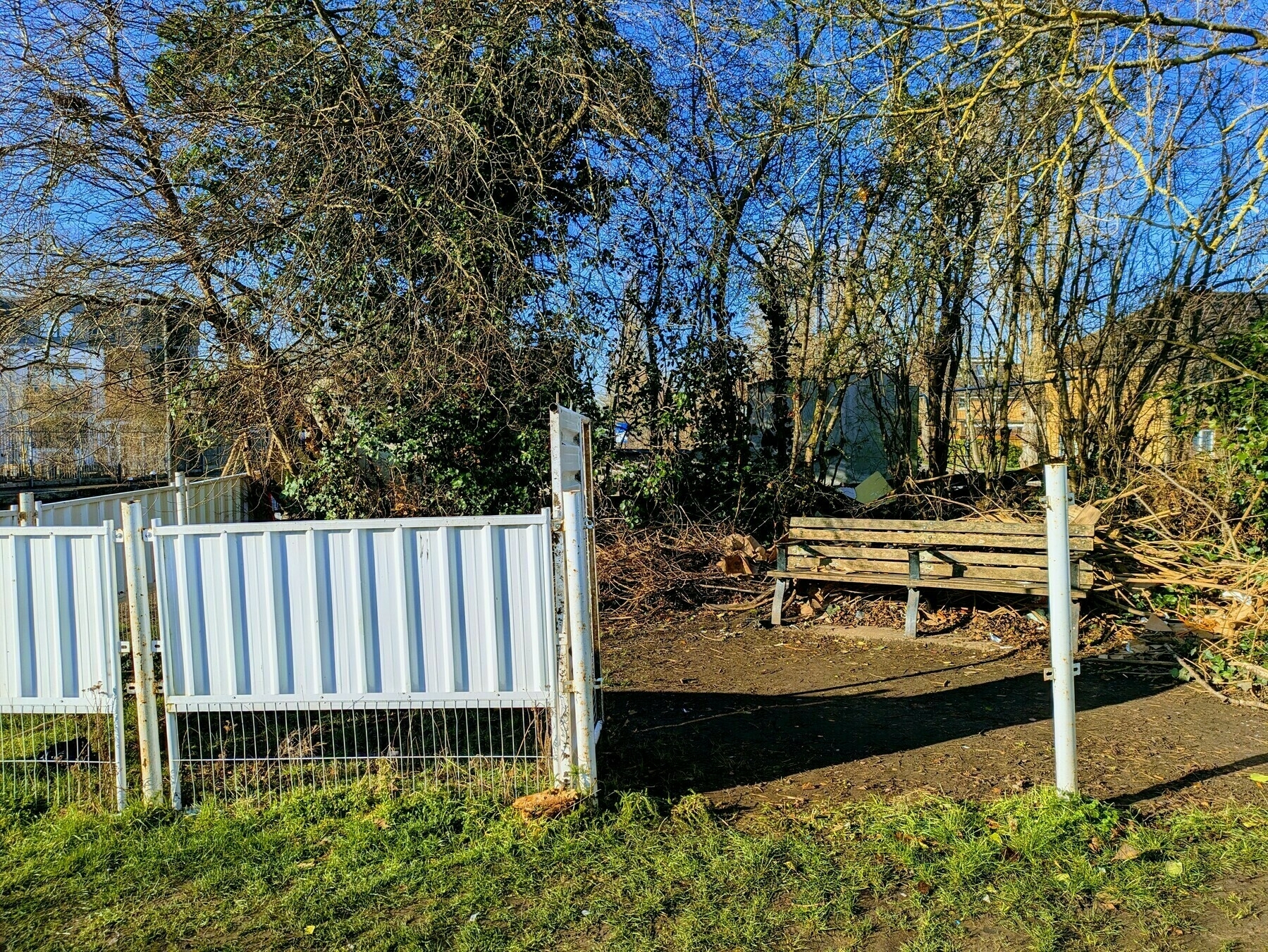 Auto-generated description: A small, partially fenced park area with a wooden bench and overgrown trees and bushes.