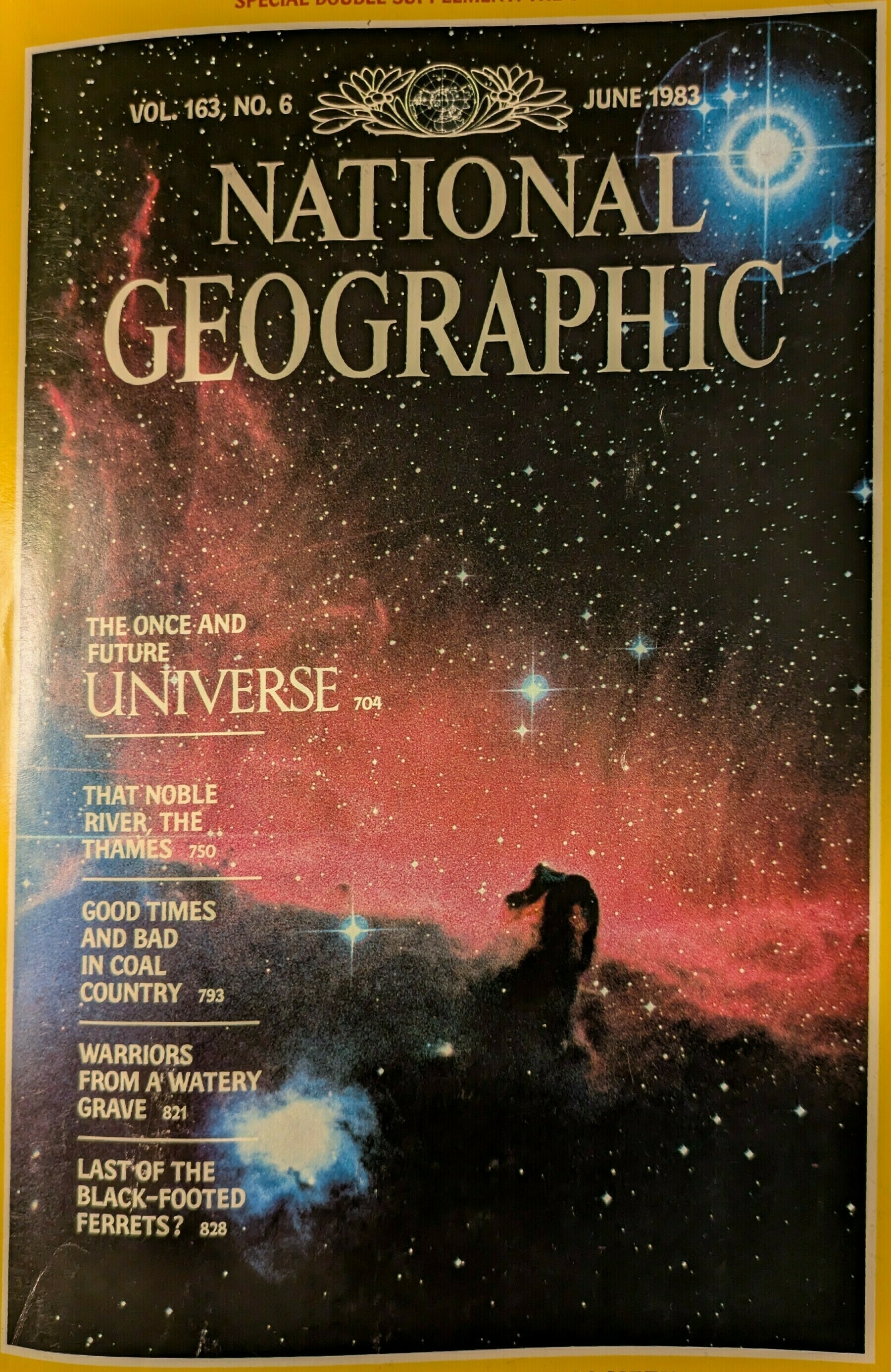 Auto-generated description: A National Geographic cover from June 1983 features an image of space with the Horsehead Nebula and list of articles inside.