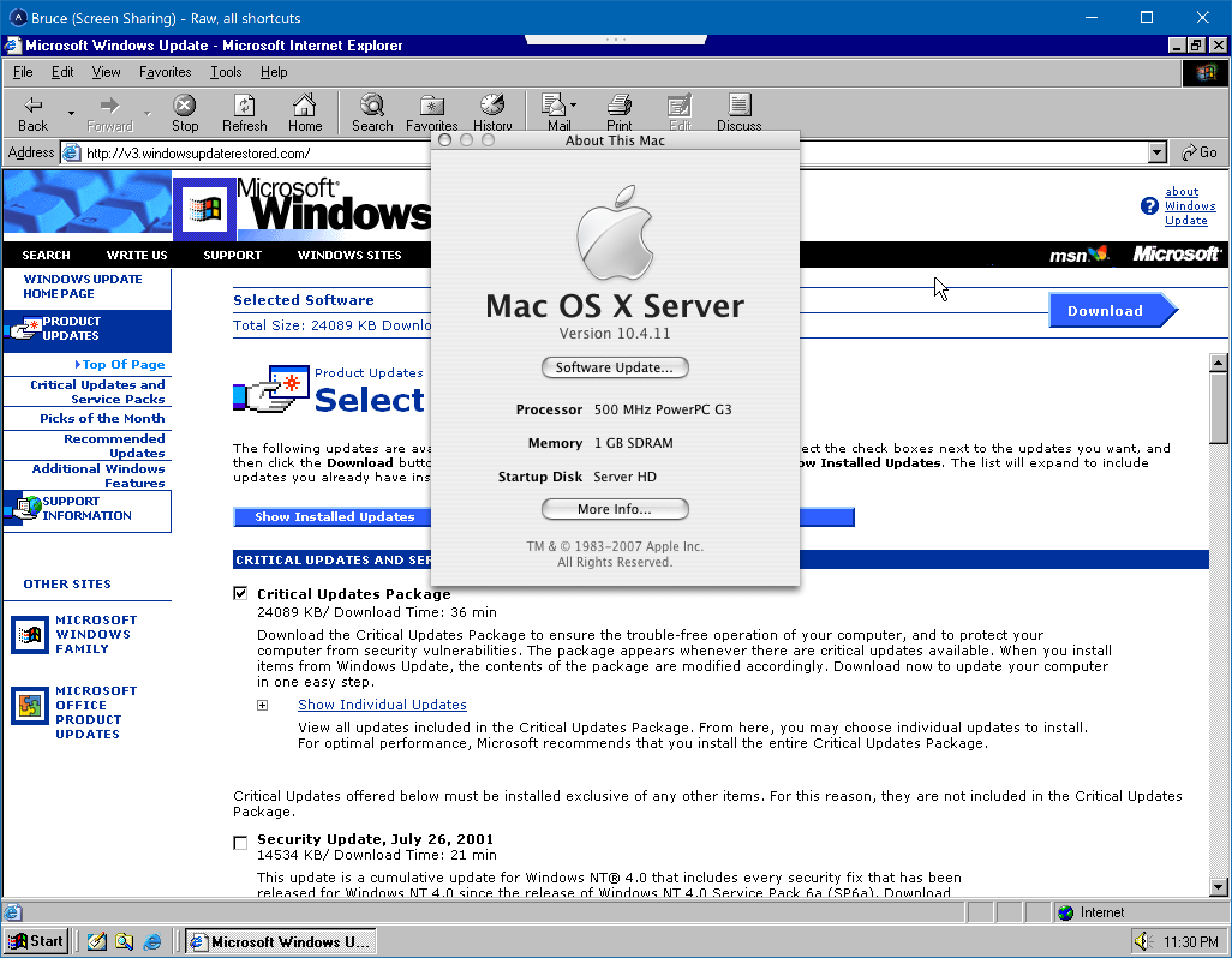 Windows Update Reloaded on Windows NT 4.0, hosted as a Virtual PC VM on Mac OS X Server 10.4.11 on an iMac G3. The Mac is being used through Remotix on a Windows 10 PC.
