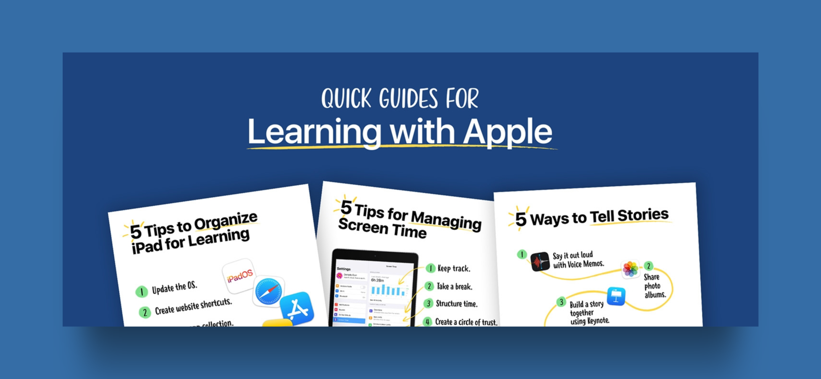 Quick guides for learning with Apple are displayed, including tips for organizing iPads, managing screen time, and storytelling.