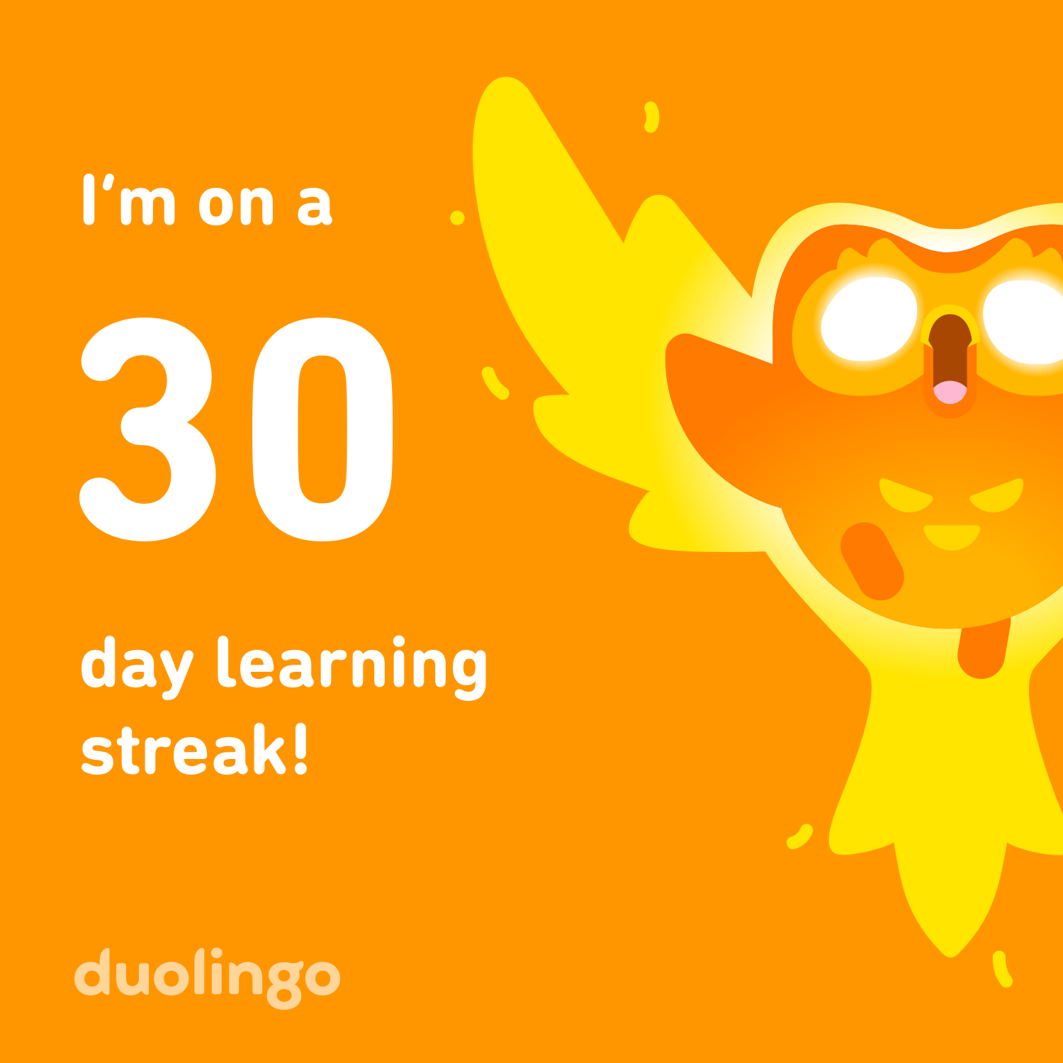 A jubilant yellow bird is celebrating a 30-day learning streak on Duolingo, accompanied by festive visuals and text.