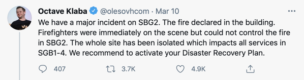 Octave Klaba tweeting about the fire at OVH