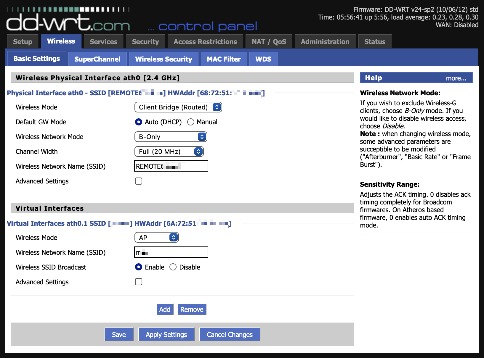 screenshot showing the dd-wrt wireless configurations, key settings: main interface in client-brige mode and a extra virtual interface configured as ap to extend it