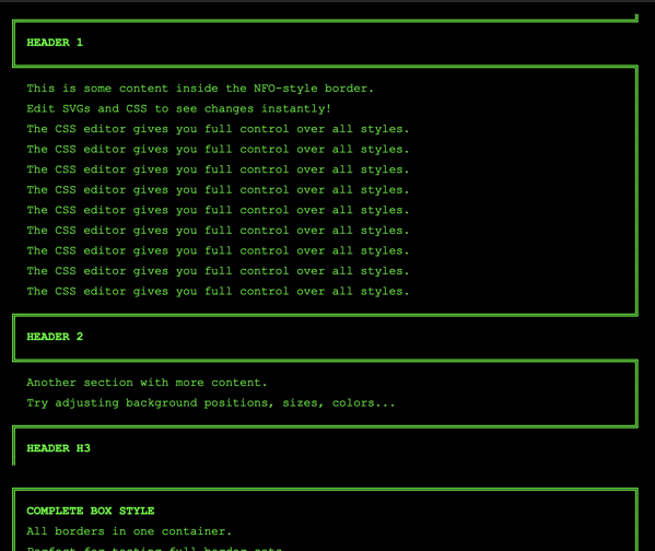 Screenshot from some text, wrapped by BOX ASCII. Text is just placeholder. Dark background, green text.
