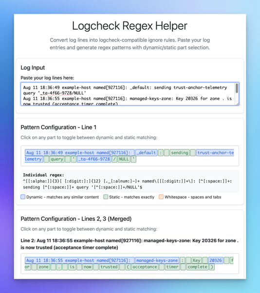 Screenshot from the Logcheck Regex Helper Webpage showing a sample regex