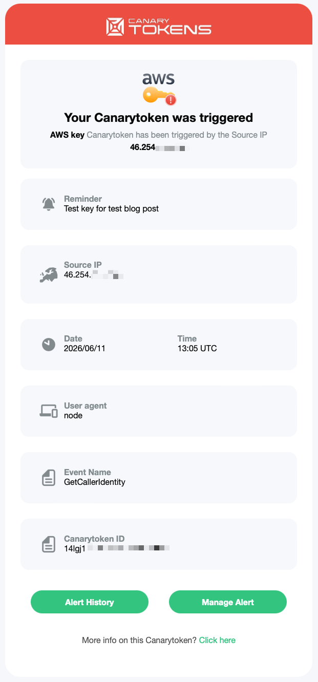 An email alert from canarytokens explaining that the Canarytokens was triggered, includes a bit of info like source IP.