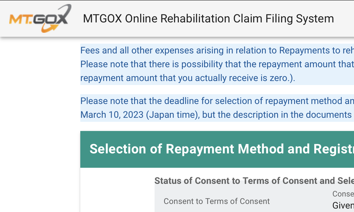 Screenshot of Mt. Gox claim filing system