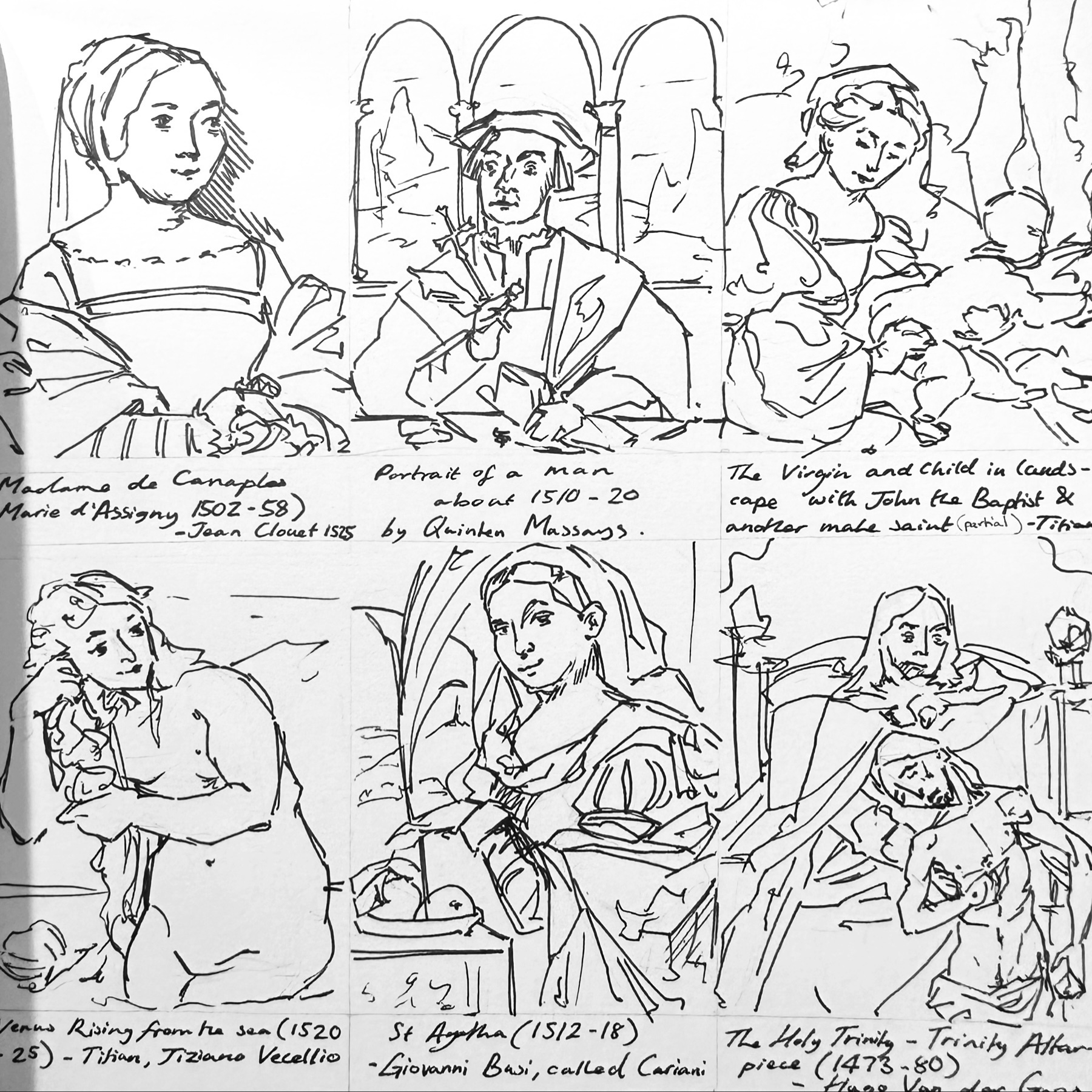 A sketch page featuring line drawings of various figures based on Renaissance paintings. The drawings, accompanied by annotations, include depictions of "Madonna de Campagna" by Jean Clouet, "Portrait of a Man" by Quinten Massys,