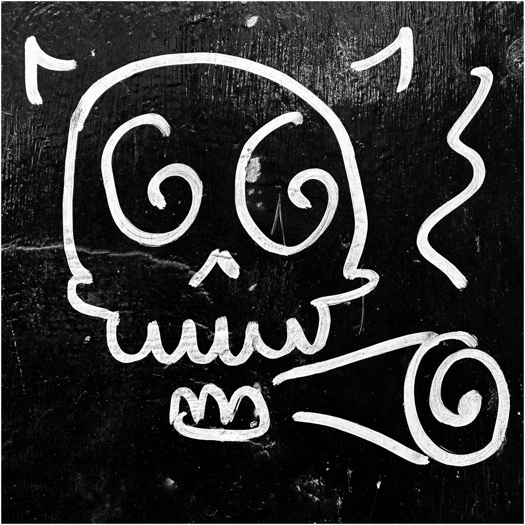 A black and white image featuring a simplistic, cartoon-style drawing of a skull with swirls and decorative elements.