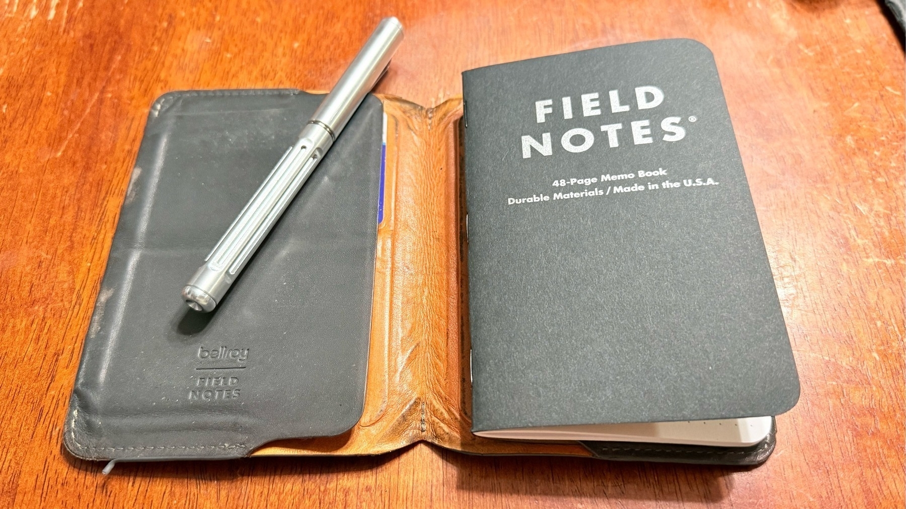 A brand spanking new Field Notes notebook along with a groovy pen. 